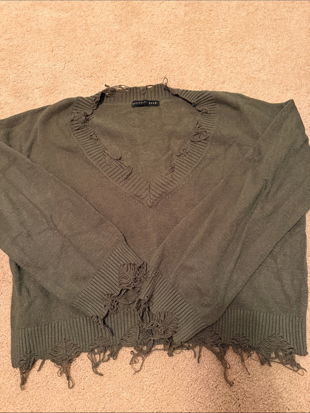Distressed Olive V-Neck Sweater by Unknown Brand